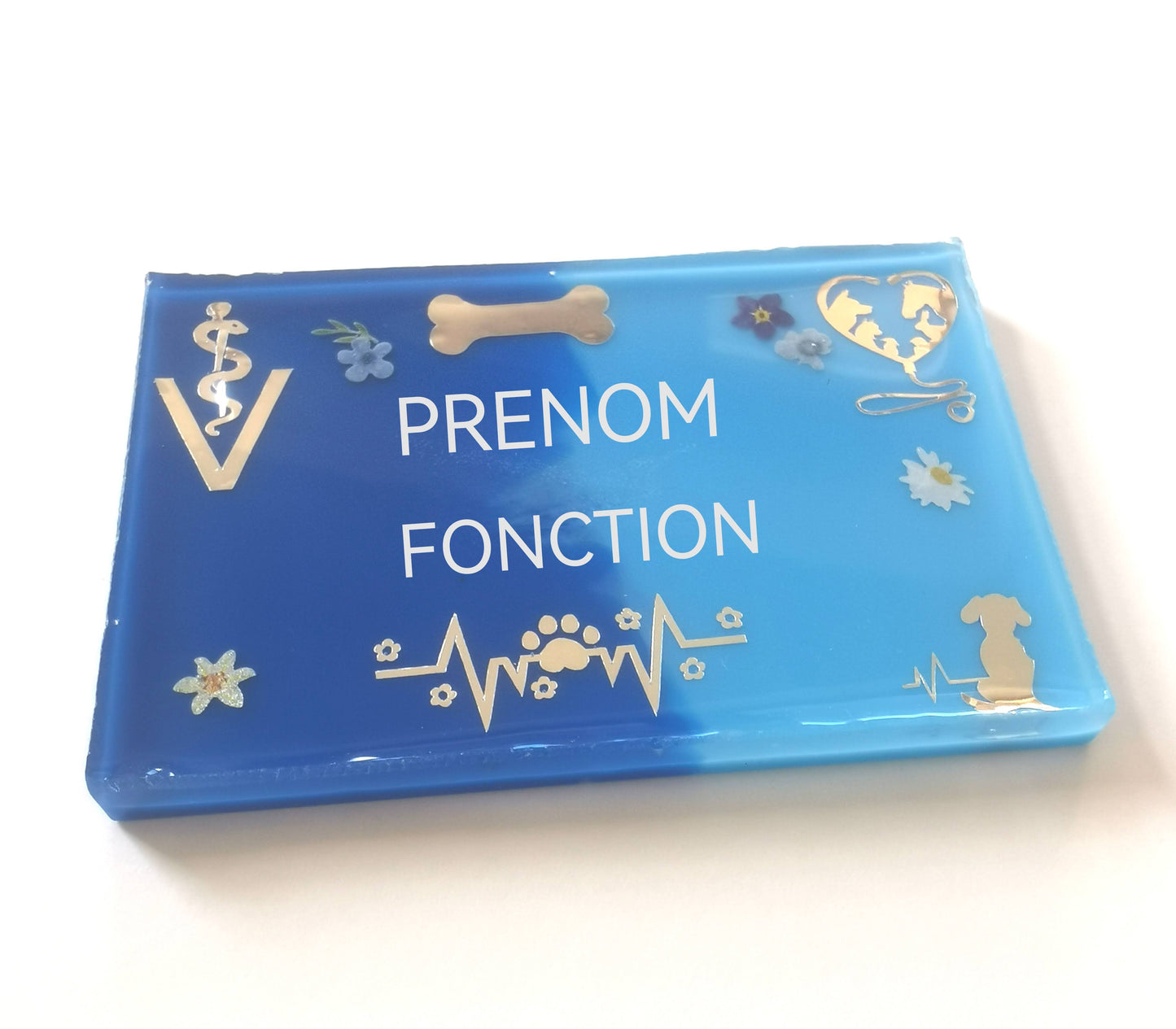 Badge prénom métier personnalisable en résine – bleu et argent - thème vétérinaire