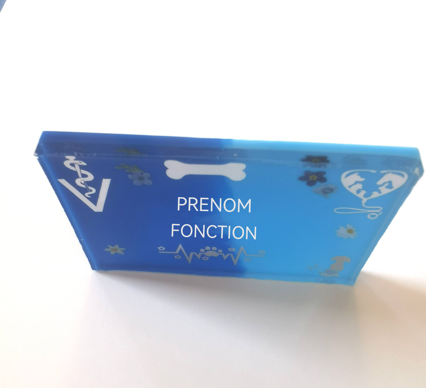 Badge prénom métier personnalisable en résine – bleu et argent - thème vétérinaire