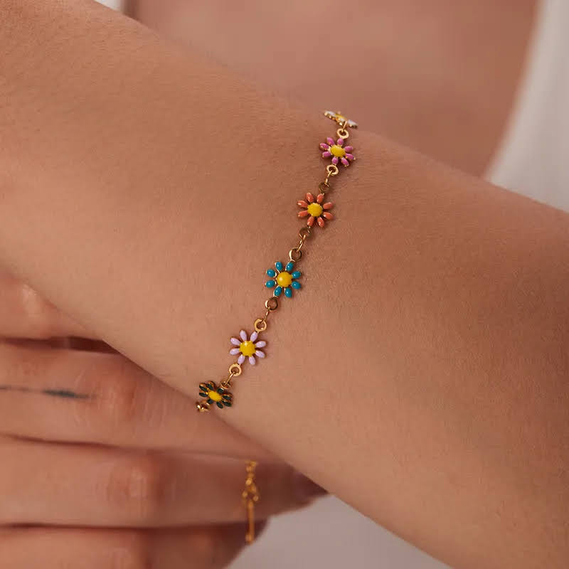 Bracelet marguerite coloré – Acier inoxydable doré & émail – Bracelet ajustable 17 + 5 cm