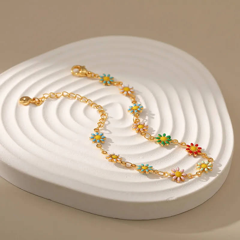 Bracelet marguerite coloré – Acier inoxydable doré & émail – Bracelet ajustable 17 + 5 cm