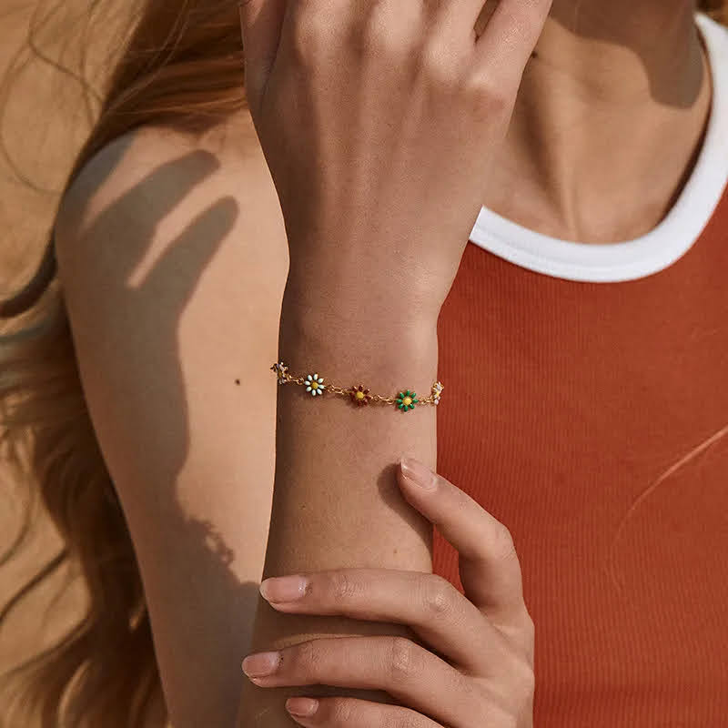 Bracelet marguerite coloré – Acier inoxydable doré & émail – Bracelet ajustable 17 + 5 cm