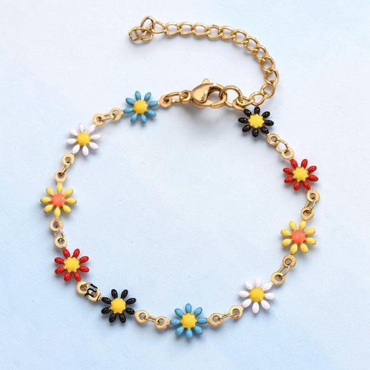 Bracelet marguerite coloré – Acier inoxydable doré & émail – Bracelet ajustable 17 + 5 cm