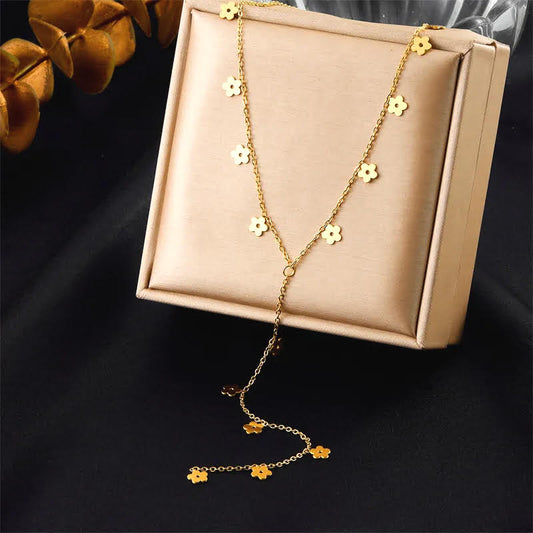 ✨ Collier Y doré en acier inoxydable – Collier fleurs minimaliste réglable ✨
