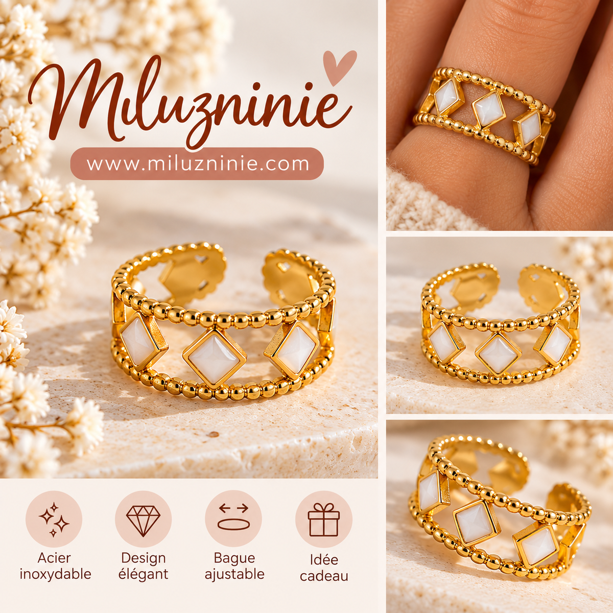 Bague ajustable dorée à losanges nacrés – Acier inoxydable