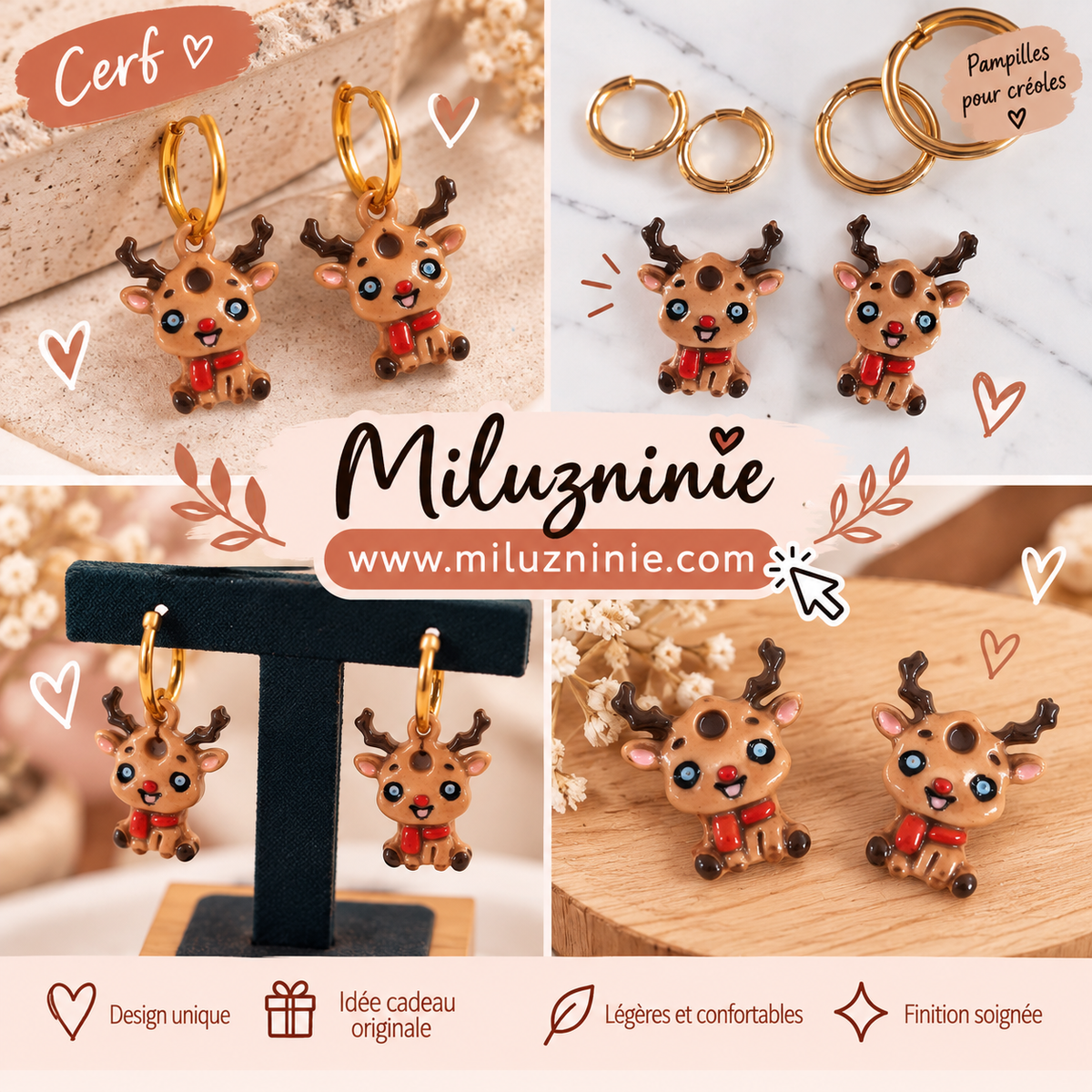 Pampilles Cerf pour Créoles – Breloques Renne – Pâte Polymère FIMO & Résine – Bijoux Amovibles – Accessoire Noël