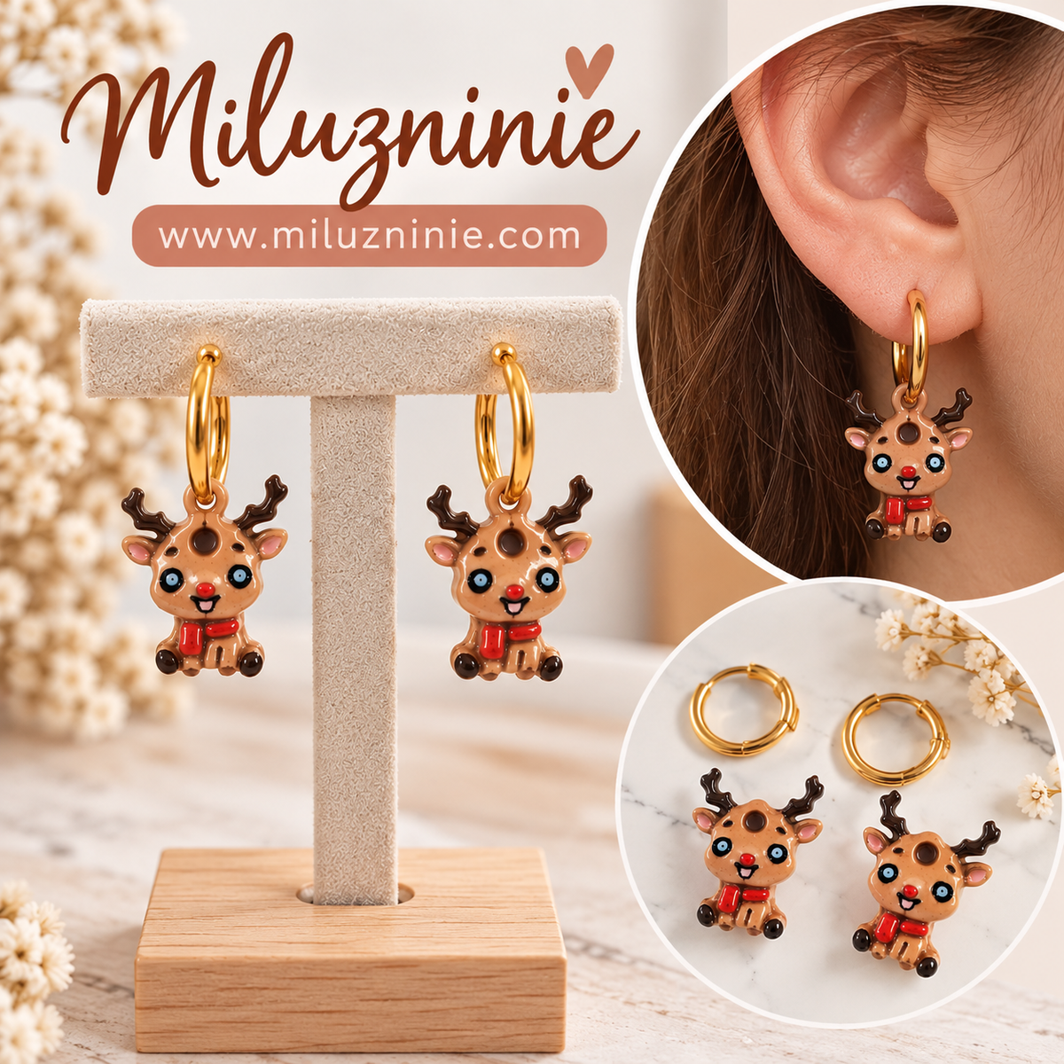 Pampilles Cerf pour Créoles – Breloques Renne – Pâte Polymère FIMO & Résine – Bijoux Amovibles – Accessoire Noël