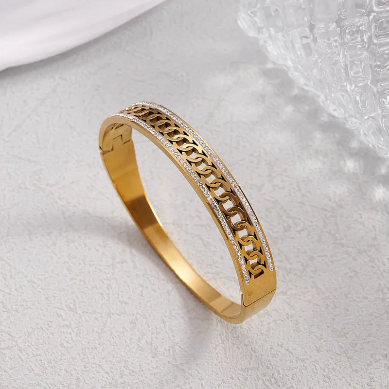 Bracelet Jonc ouvert Doré Femme – Bracelet Acier Inoxydable avec Strass – Jonc Ouvert