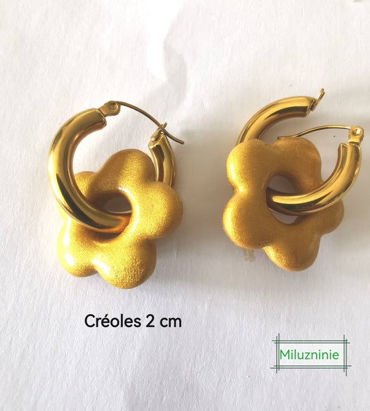 Boucles d'oreilles créoles en acier inoxydable avec pampilles (fleurs) bleu en Fimo – faites main & interchangeables (Copie) (Copie)