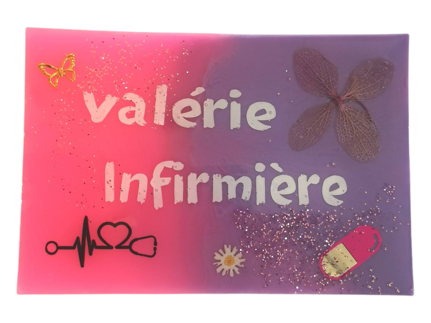 Badge prénom métier personnalisable en résine – rose et mauve