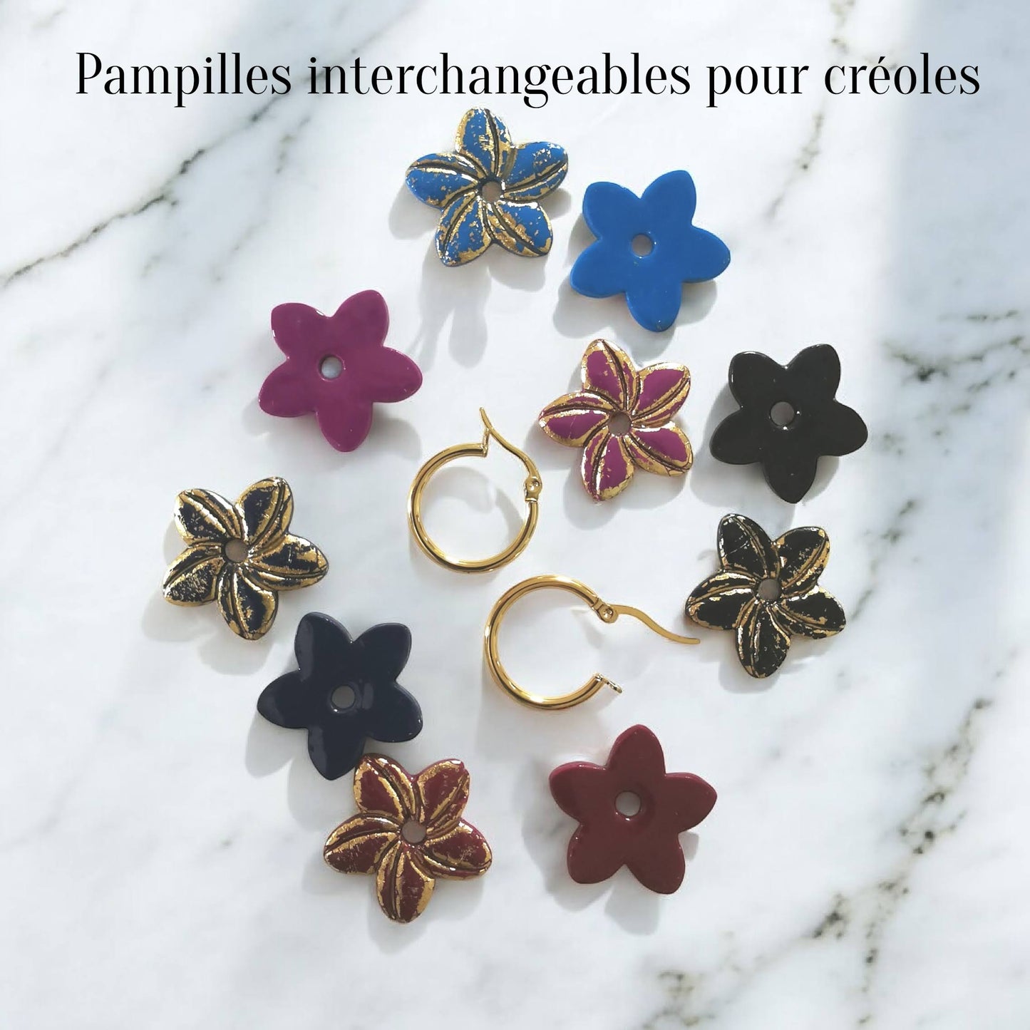 Pampilles  – Reflets dorés | Fimo et résine artisanale | Interchangeables pour créoles