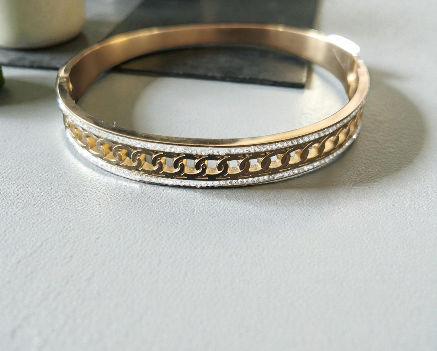 Bracelet Jonc ouvert Doré Femme – Bracelet Acier Inoxydable avec Strass – Jonc Ouvert