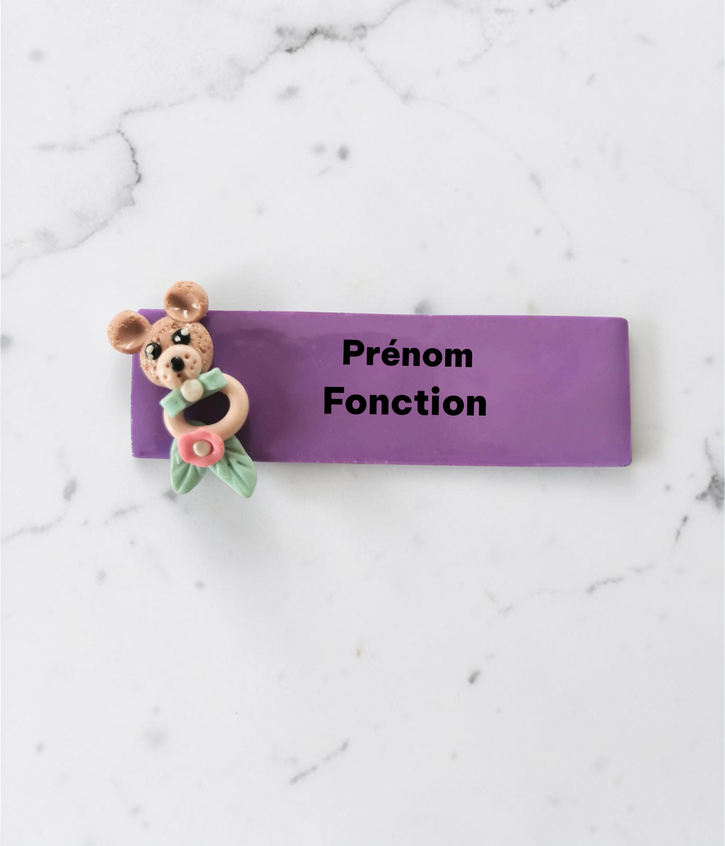 Badge prénom personnalisé – Fimo petit doudou – Badge infirmière, crèche, auxiliaire