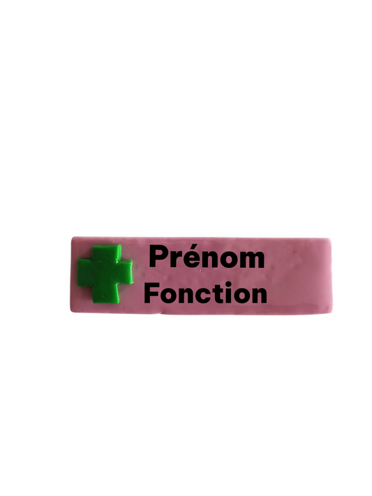 Badge prénom personnalisé pharmacie – Croix verte Fimo – Badge pharmacien professionnel