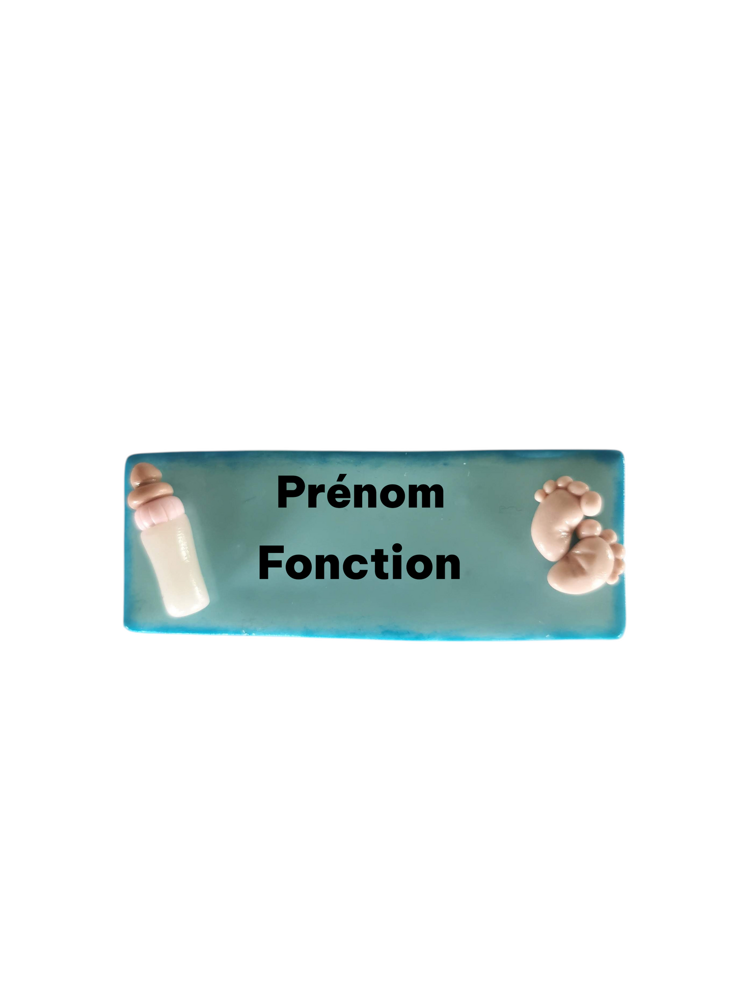 Badge prénom personnalisé Fimo – Biberon & pieds de bébé – Badge professionnel personnalisable