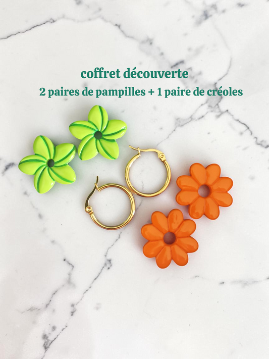 Coffret découverte pampilles – 2 paires au choix + 1 paire de créoles – Bijoux interchangeables