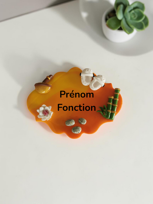 Badge prénom personnalisé – Thème zen japonais – Fimo fait main – Tous métiers (école, médical, bureau…)