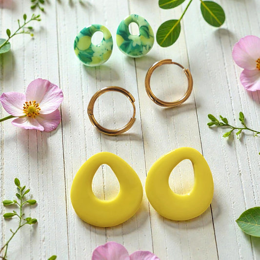 Coffret “Limoncello” – Pampilles jaunes & citron – Créoles interchangeables – Bijoux faits main en pâte polymère résinée