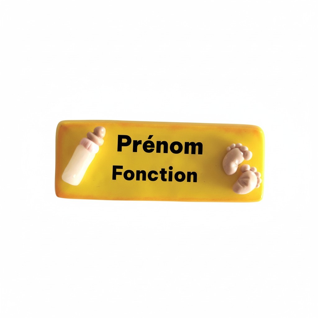 Badge prénom personnalisé Fimo – Biberon & pieds de bébé – Badge professionnel personnalisable