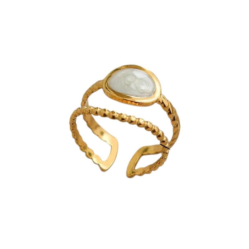 Bague ajustable en acier inoxydable doré & émail blanc – Bijou fin et élégant