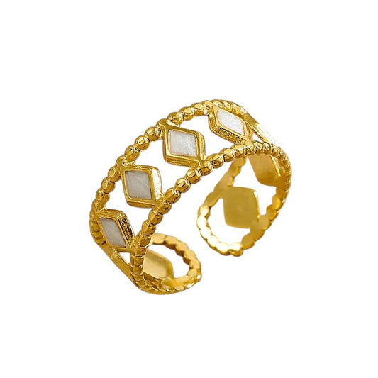 Bague ajustable dorée à losanges nacrés – Acier inoxydable