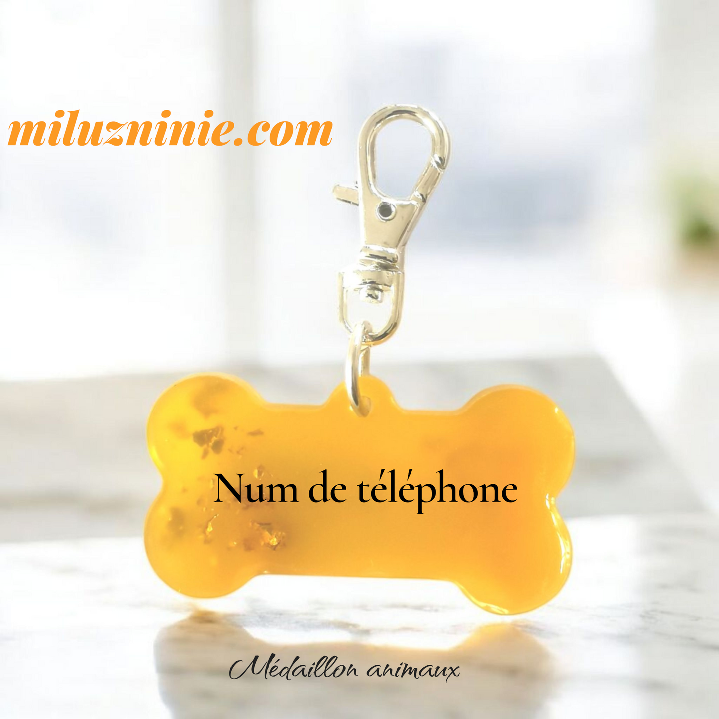 Médaille animaux personnalisée prénom – Forme os – Résine jaune transparent avec feuille d’or – Accessoire animal – Cadeau unique